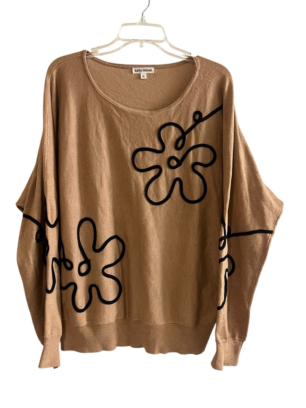 kathy ireland Dolman Sleeve Abstract Flower Knit Sweater Tan L